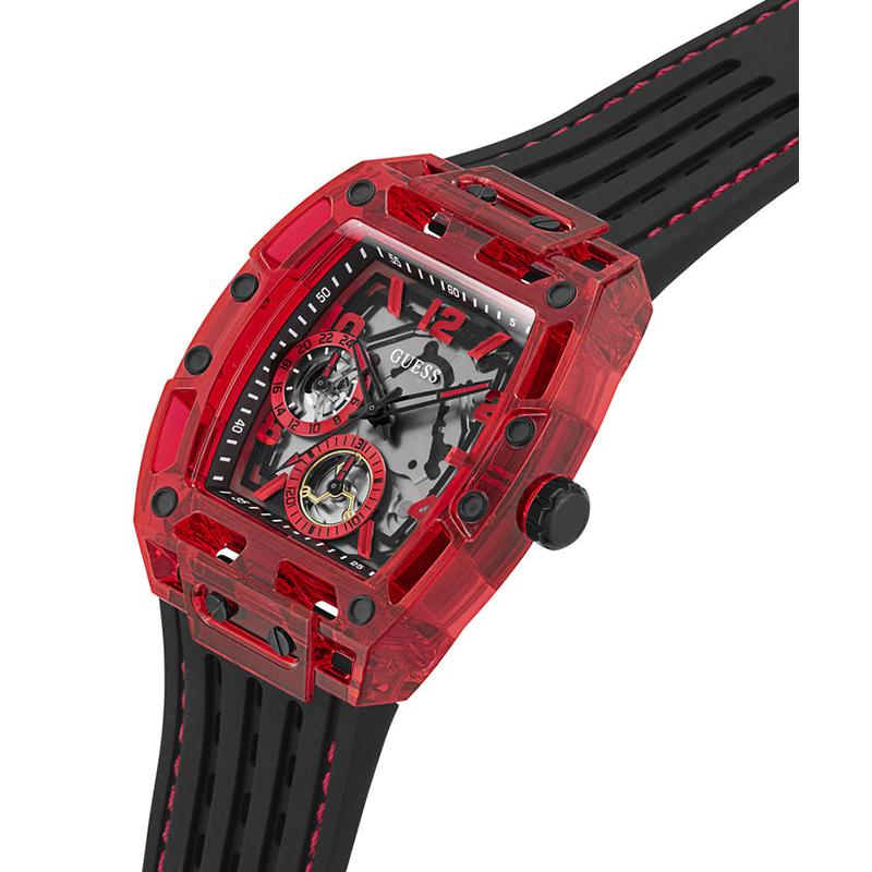 Guess Phoenix Multifunction Analog Red Dial Black Silicone Strap Watch For Men - GW0499G4