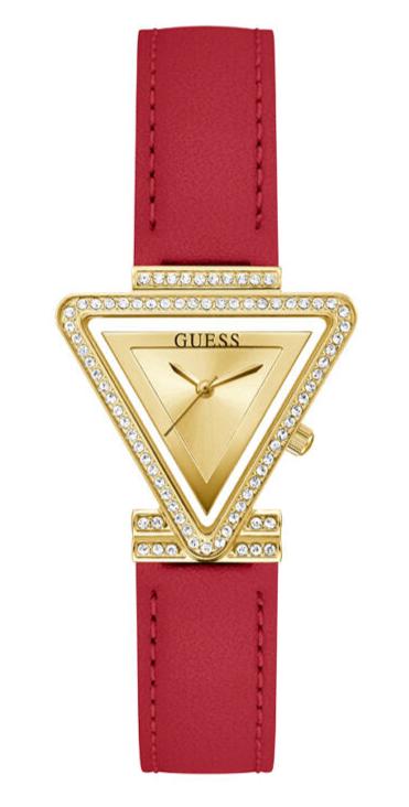 Guess Fame Quartz Gold Dial Red Leather Strap Watch For Women - GW0504L2