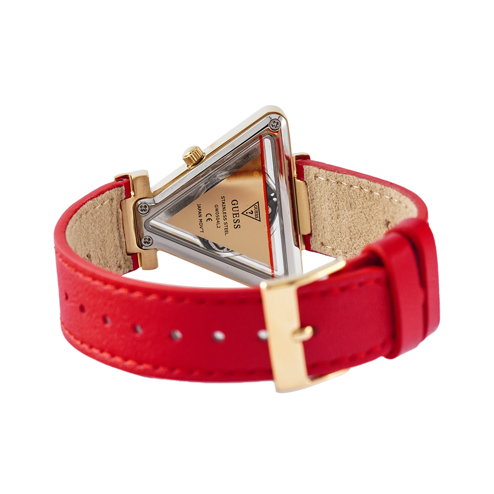 Guess Fame Quartz Gold Dial Red Leather Strap Watch For Women - GW0504L2