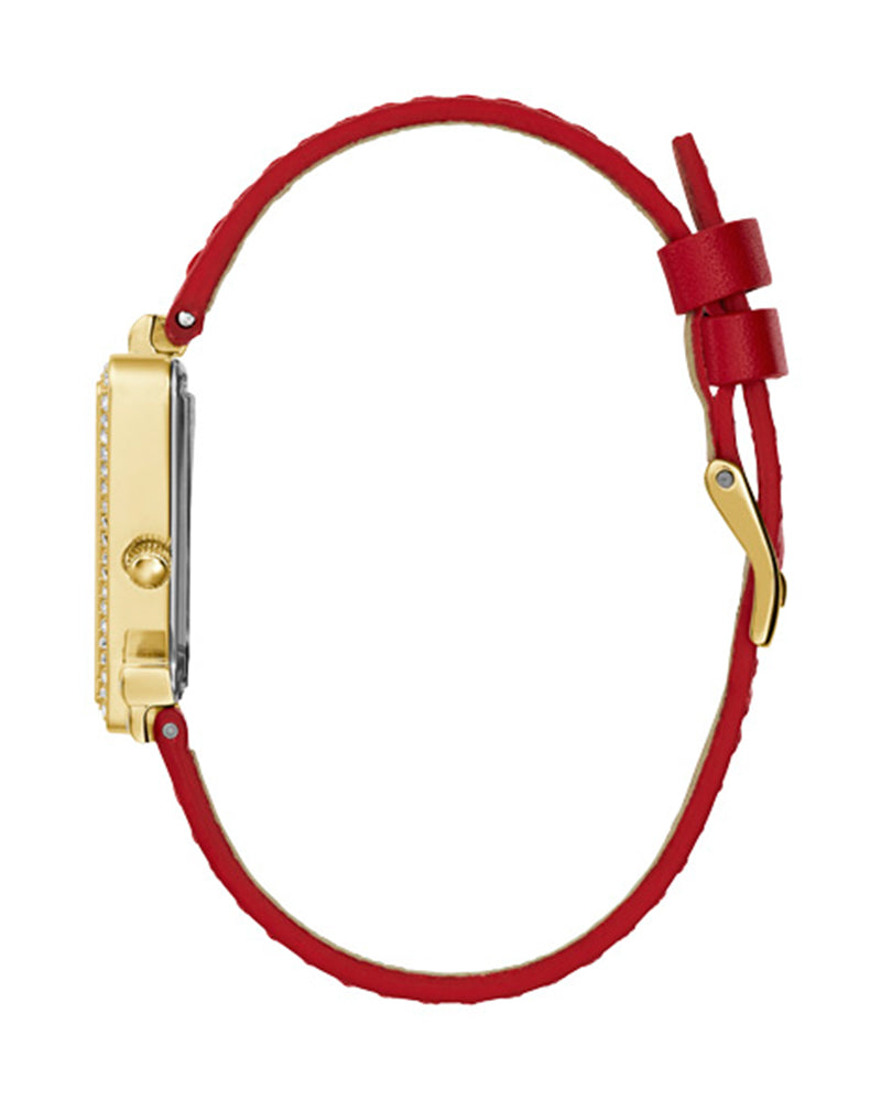 Guess Fame Quartz Gold Dial Red Leather Strap Watch For Women - GW0504L2