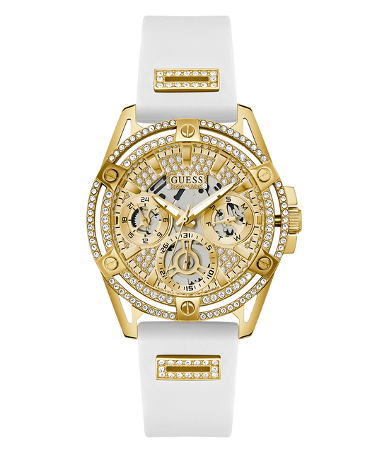 Guess Queen Quartz Gold Dial White Silicone Strap Watch For Women - GW0536L2