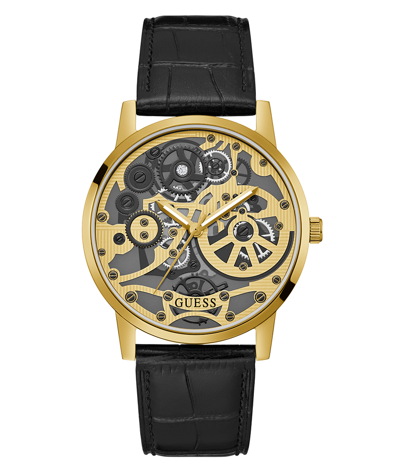 Guess Gadget Gold Dial Black Leather Strap Watch for Men - GW0570G1