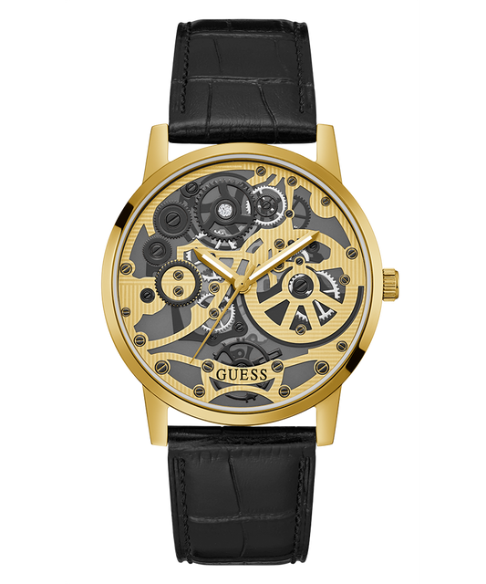 Guess Gadget Gold Dial Black Leather Strap Watch for Men - GW0570G1