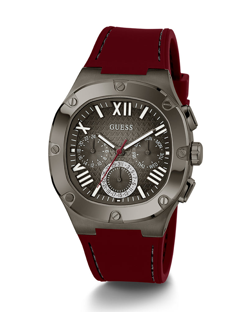 Guess Headline Multifunction Grey Dial Burgundy Silicone Strap Watch For Men - GW0571G4