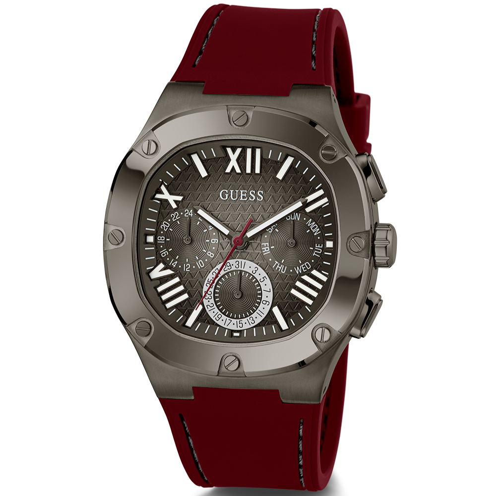 Guess Headline Multifunction Grey Dial Burgundy Silicone Strap Watch For Men - GW0571G4