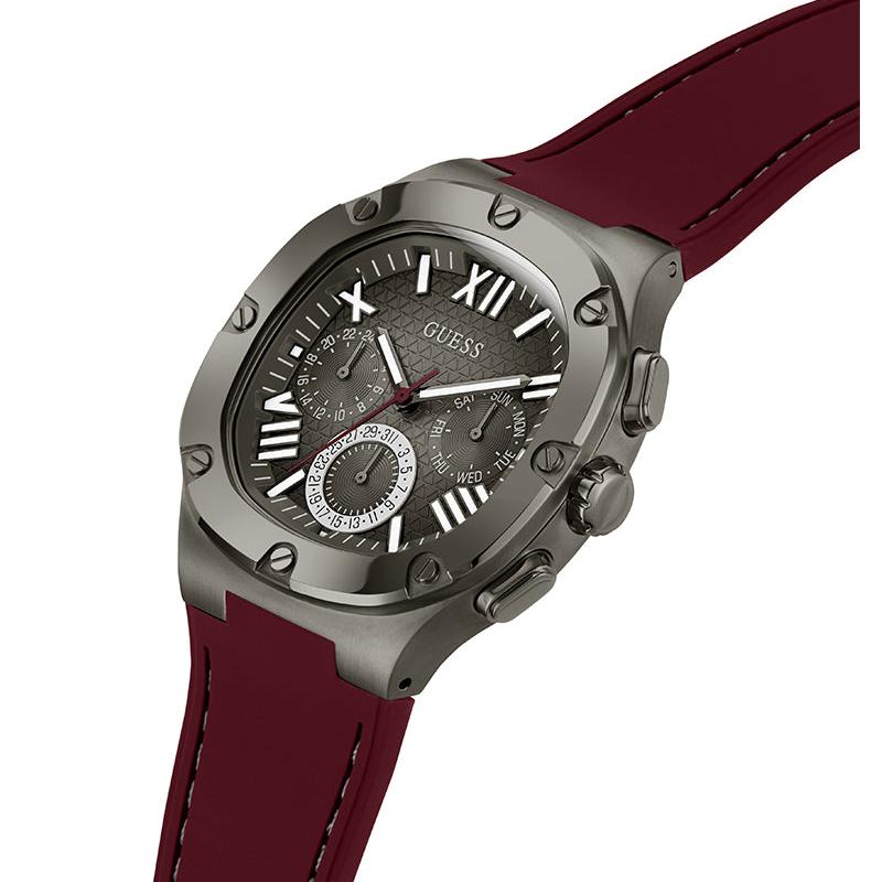 Guess Headline Multifunction Grey Dial Burgundy Silicone Strap Watch For Men - GW0571G4