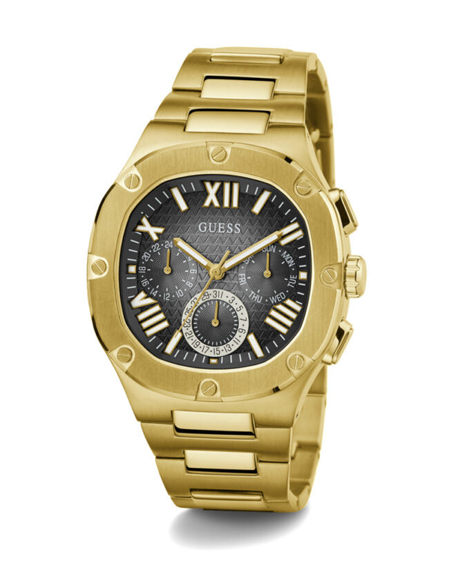 Guess Headliner Multifunction Black Dial Gold Steel Strap Watch For Men - GW0572G2