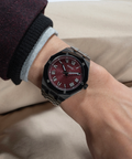 Guess Asset Quartz Red Dial Black Steel Strap Watch For Men - GW0575G5