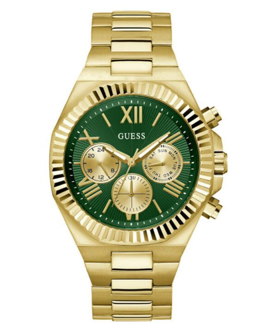 Guess Equity Analog Green Dial Gold Steel Strap Watch For Men - GW0703G2