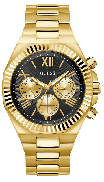 Guess Equity Multifunction Black Dial Gold Steel Strap Watch For Men - GW0703G5