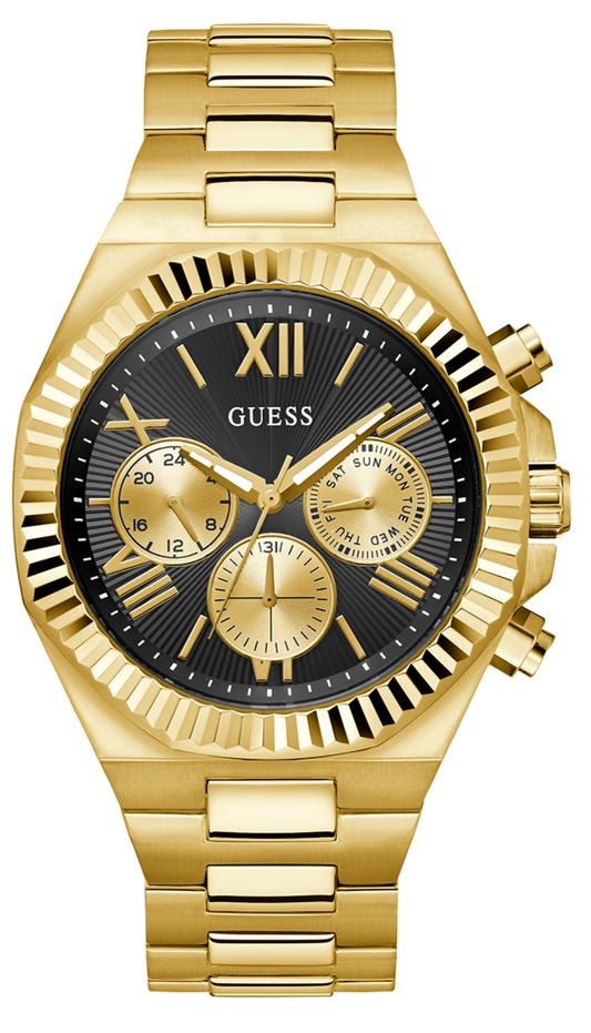 Guess Equity Multifunction Black Dial Gold Steel Strap Watch For Men - GW0703G5