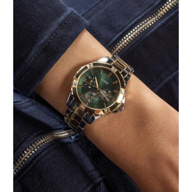 Guess Mist Analog Green Dial Two Tone Steel Strap Watch For Women - GW0723L1