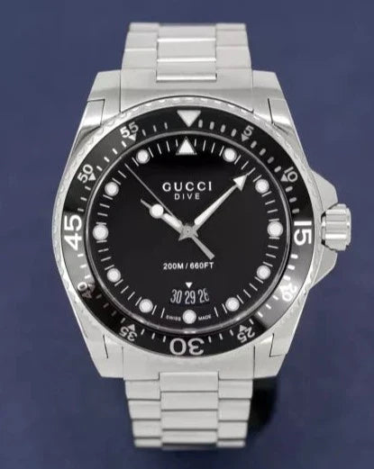 Gucci Dive Quartz Black Dial Silver Steel Strap Watch For Men - YA136301B