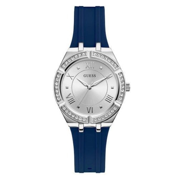 Guess Cosmo Diamonds Silver Dial Blue Rubber Strap Watch for Women - GW0034L5