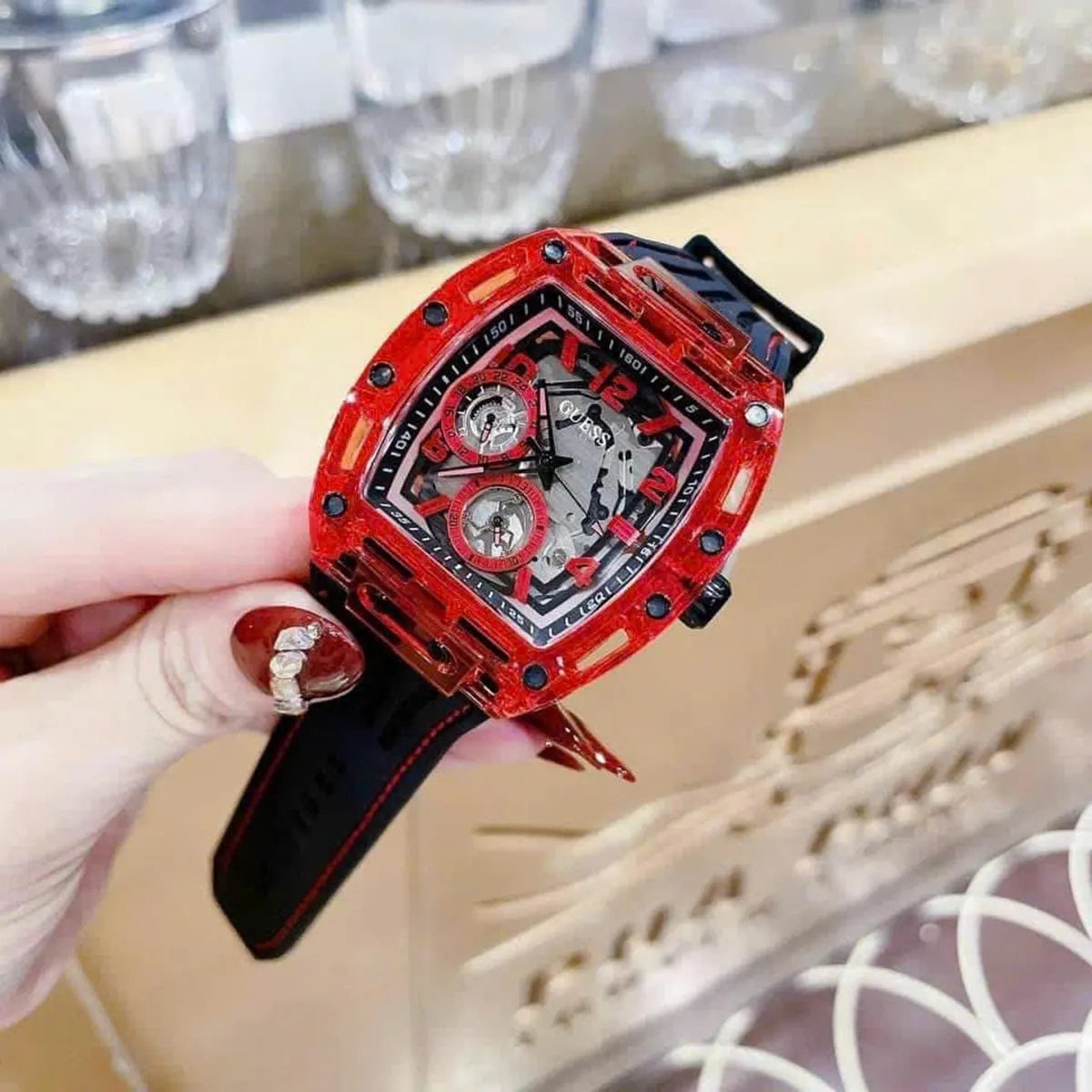 Guess Phoenix Multifunction Analog Red Dial Black Silicone Strap Watch For Men - GW0499G4