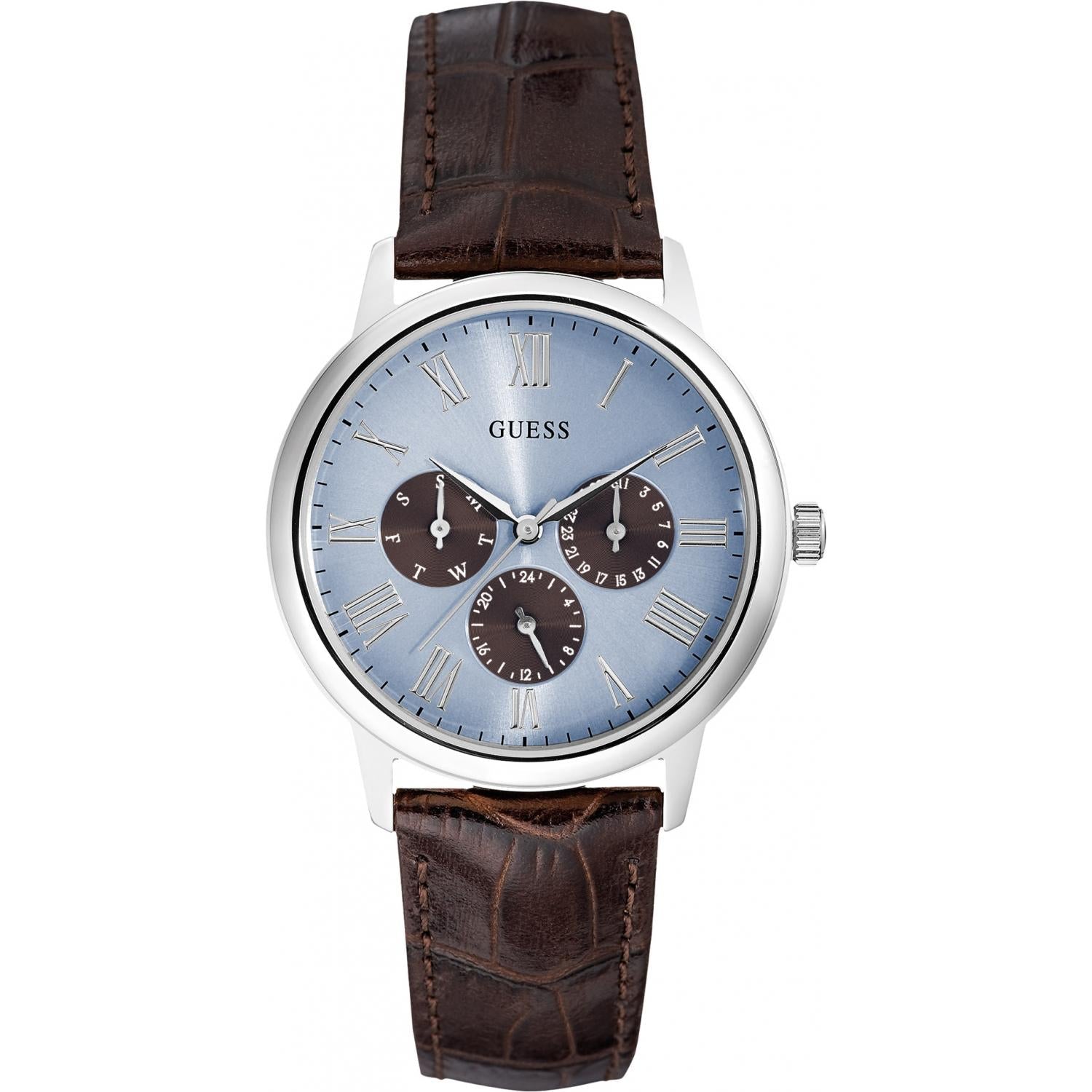 Guess Wafer Analog Blue Dial Brown Leather Strap Watch For Men - W0496G2