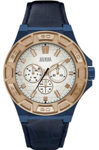 Guess Force Multi Function White Dial Blue Leather Strap Watch For Men - W0674G7