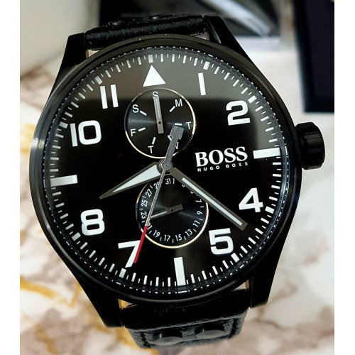 Hugo Boss Aeroliner Black Dial Black Leather Strap Watch For Men - 1513083