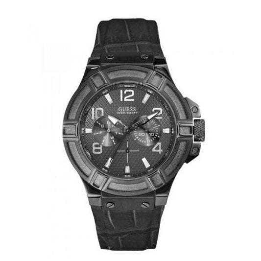 Guess Rigor Analog Black Dial Black Leather Strap Watch For Men - W0040G1