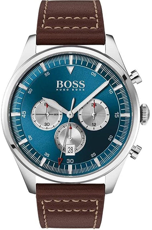 Hugo Boss Pioneer Chronograph Blue Dial Brown Leather Strap Watch For Men - 1513709