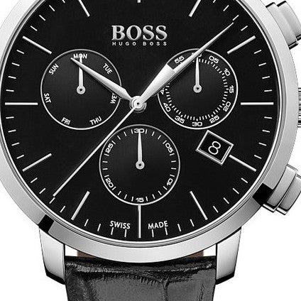 Hugo Boss Chronograph Black Dial Black Leather Strap Watch For Men - 1513266