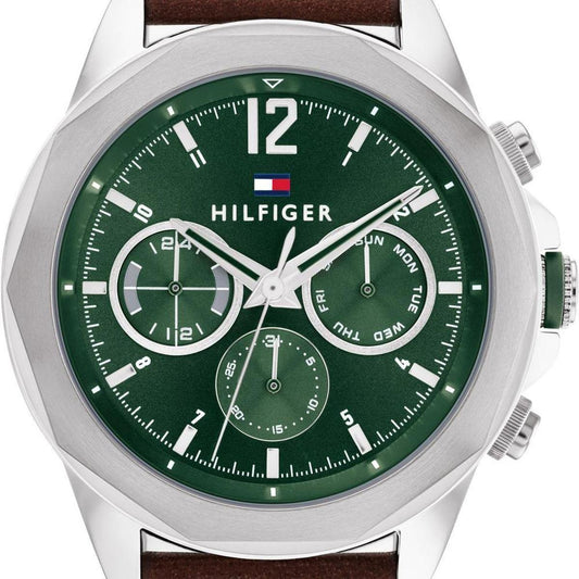 Tommy Hilfiger Lars Chronograph Green Dial Brown Leather Strap Watch For Men - 1792064