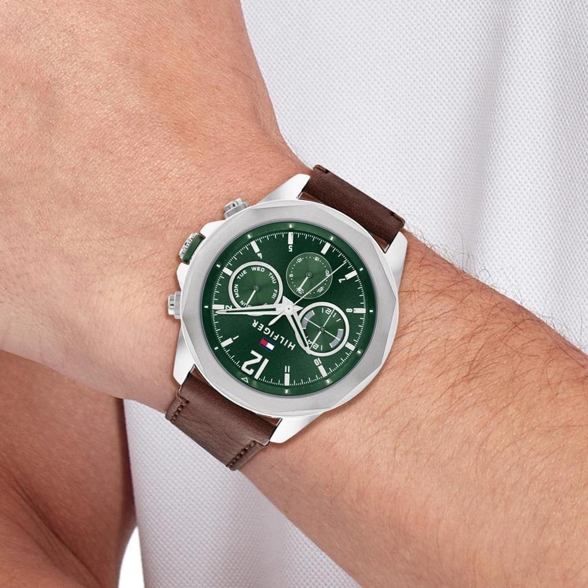 Tommy Hilfiger Lars Chronograph Green Dial Brown Leather Strap Watch For Men - 1792064