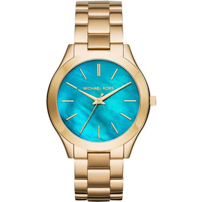 Michael Kors Slim Runway Quartz Blue Dial Rose Gold Steel Strap Watch For Women - MK3494