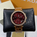 Michael Kors Parker Chronograph Red Dial Rose Gold Steel Strap Watch For Women - MK6106