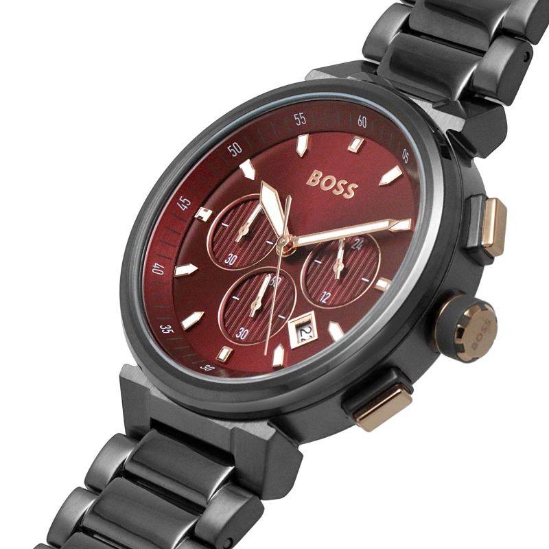 Hugo Boss One Chronograph Red Dial Grey Steel Strap Watch For Men - 1514000