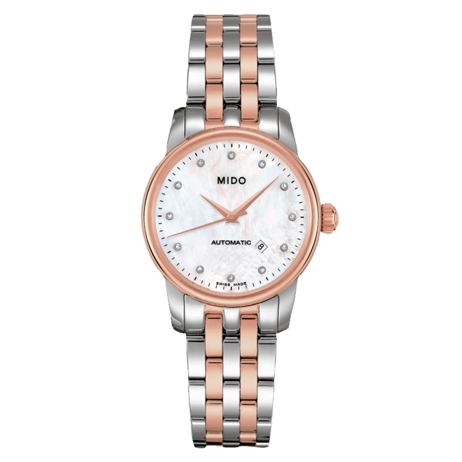 Mido Baroncelli III Automatic Mother of Pearl White Dial Two Tone Steel Strap Watch For Women - M7600.9.69.1