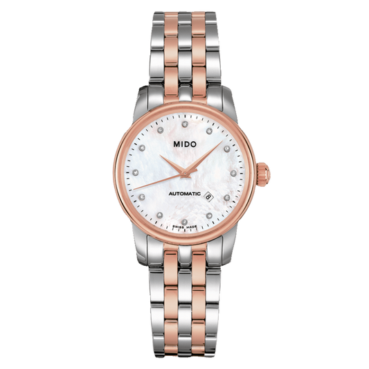 Mido Baroncelli III Automatic Mother of Pearl White Dial Two Tone Steel Strap Watch For Women - M7600.9.69.1