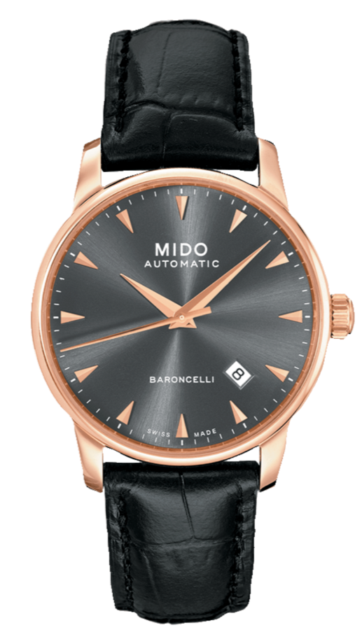 Mido Baroncelli III Automatic Grey Dial Black Leather Strap Watch For Men - M8600.3.13.4