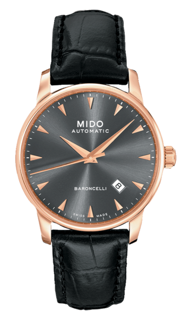 Mido Baroncelli III Automatic Grey Dial Black Leather Strap Watch For Men - M8600.3.13.4