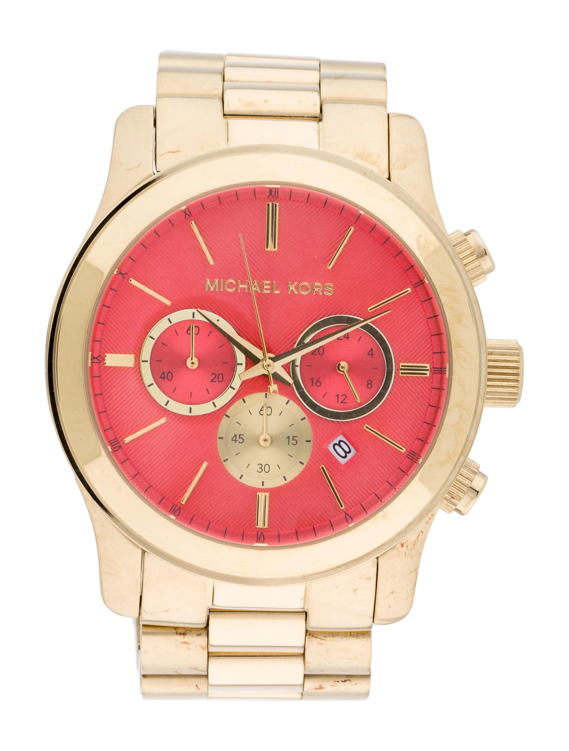 Michael Kors Runway Quartz Orange Dial Gold Steel Strap Watch For Women - MK5930