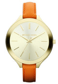 Michael Kors Runway Quartz Gold Dial Orange Leather Strap Watch For Women - MK2275