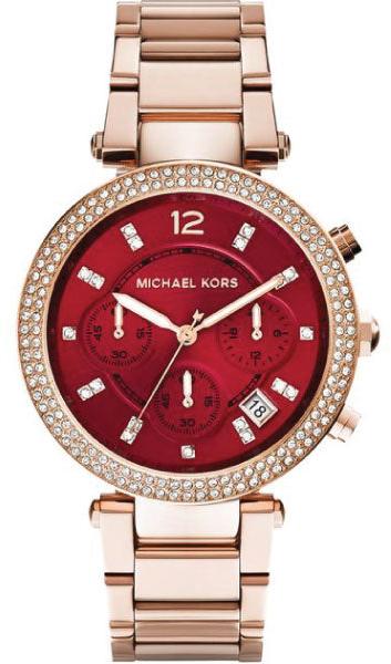 Michael Kors Parker Chronograph Red Dial Rose Gold Steel Strap Watch For Women - MK6106