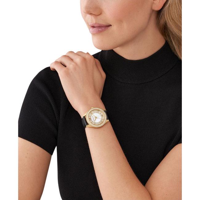 Michael Kors Harlowe Analog White Dial Black Leather Strap Watch For Women - MK2988