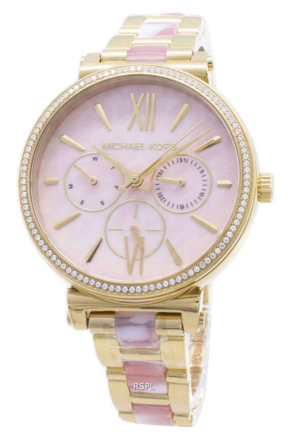 Michael Kors Sofie Crystals Mother of Pearl Pink Dial Two Tone Steel Strap Watch For Women - MK4344