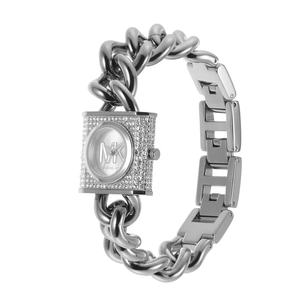 Michael Kors Chain Lock Pave Silver Dial Silver Steel Strap Watch For Women - MK4718