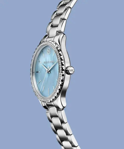 Michael Kors Layton Chronograph Mother of Pearl Blue Dial Silver Steel Strap Watch For Women - MK6847