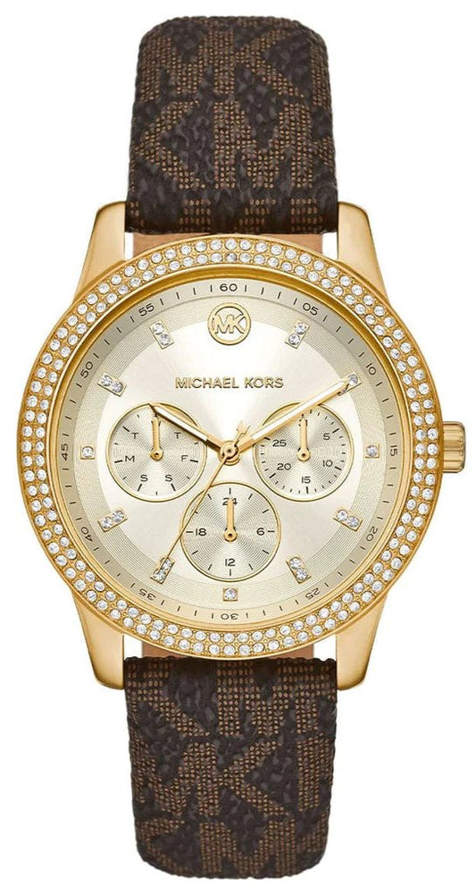 Michael Kors Tibby Multifunction Gold Dial Brown Leather Strap Watch For Women - MK6966