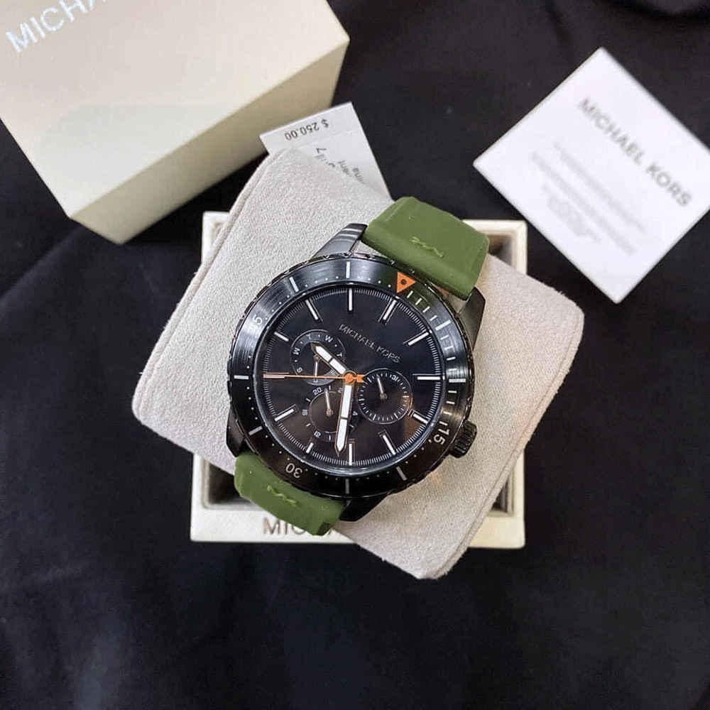 Michael Kors Cunningham Chronograph Black Dial Green Rubber Strap Watch For Men - MK7165