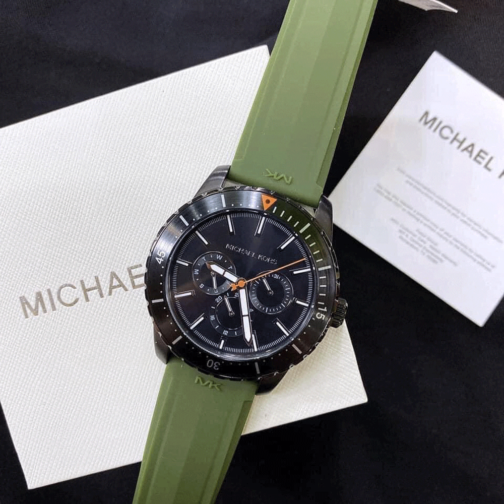 Michael Kors Cunningham Chronograph Black Dial Green Rubber Strap Watch For Men - MK7165