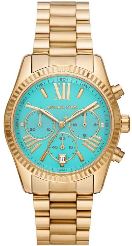 Michael Kors Lexington Chronograph Sky Blue Dial Gold Steel Strap Watch For Women - MK7216