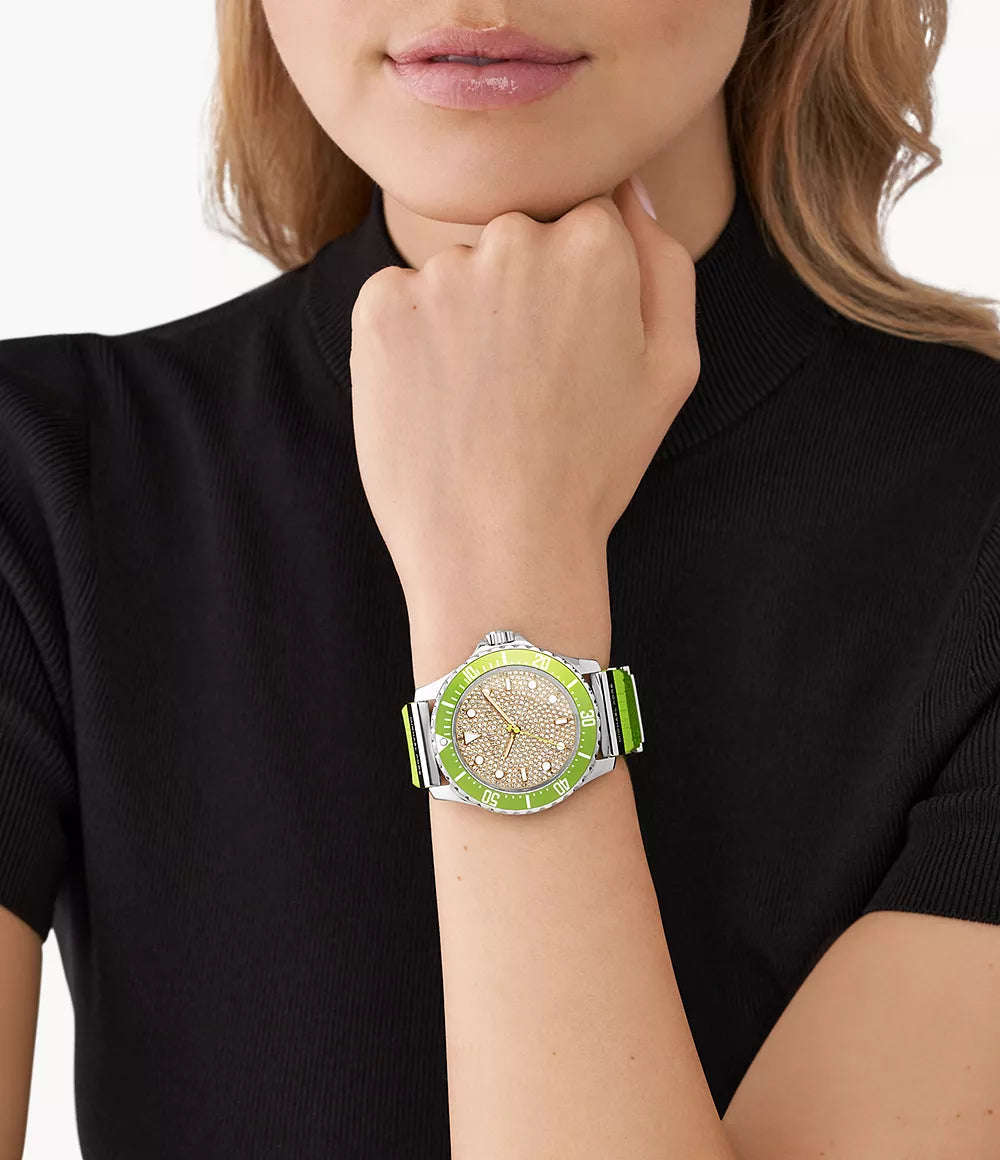 Michael Kors Everest Three Hand Crystals Silver Dial Green Silicone Strap Watch For Women - MK7360