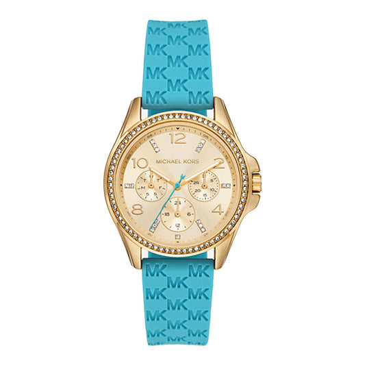 Michael Kors Mini Pilot Quartz Gold Dial Blue Silicone Strap Watch For Women - MK7374