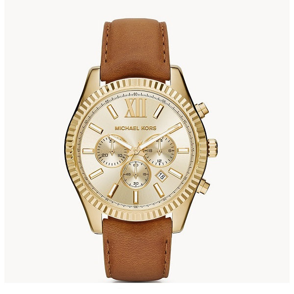 Michael Kors Lexington Chronograph Gold Dial Brown Leather Strap Watch For Men - MK8447