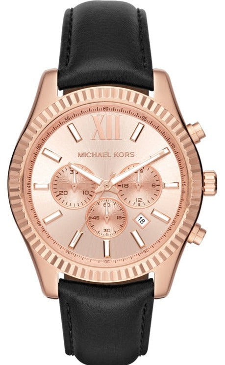 Michael Kors Lexington Chronograph Rose Gold Dial Black Leather Strap Watch For Men - MK8516