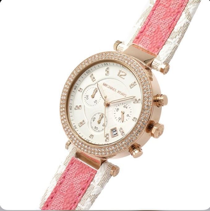 Michael Kors Parker Chronograph White Dial Two Tone Leather Strap Watch For Women - MK6951